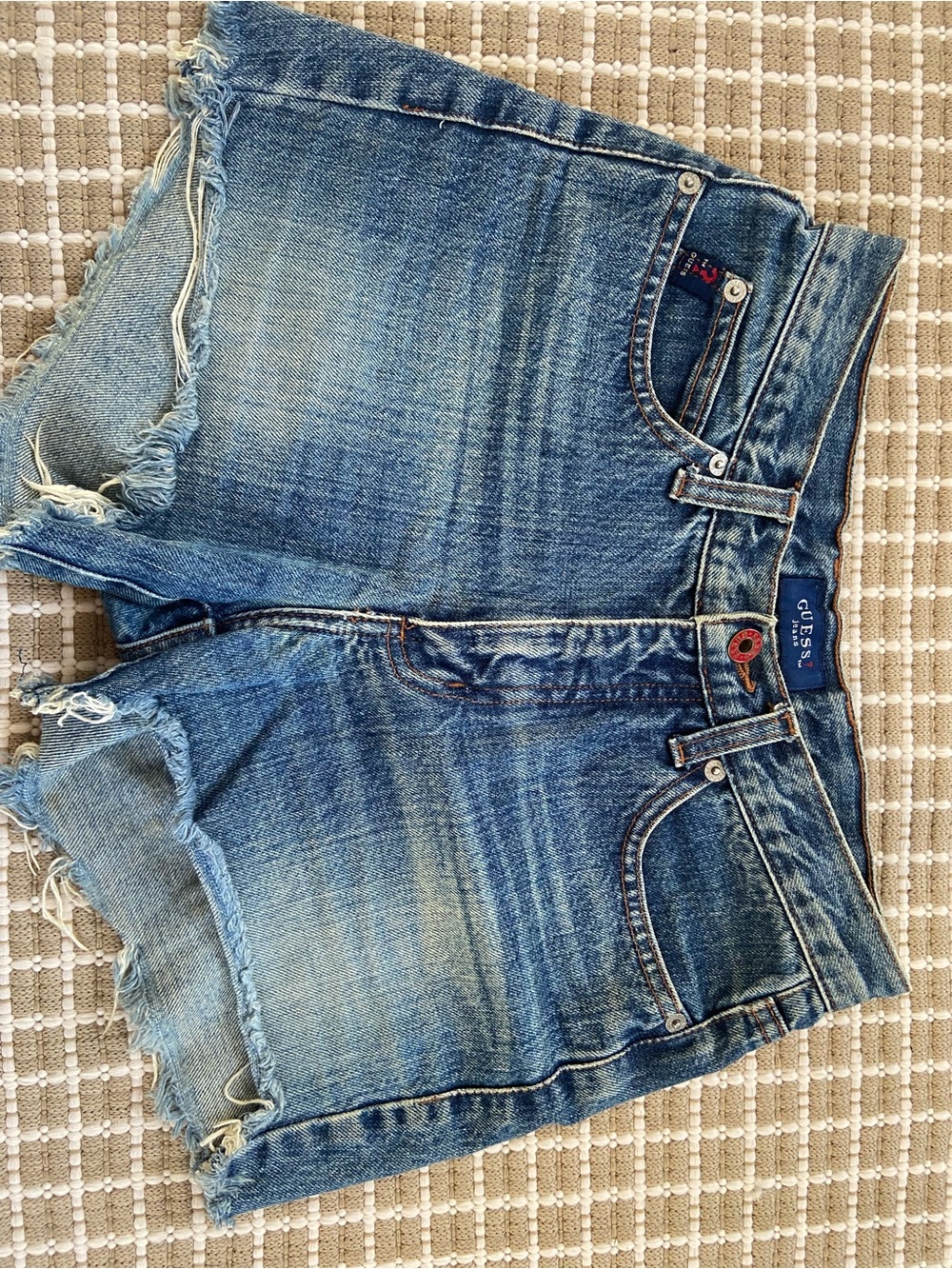 GUESS Women's Medium Blue Distressed Boyfriend Denim Shorts